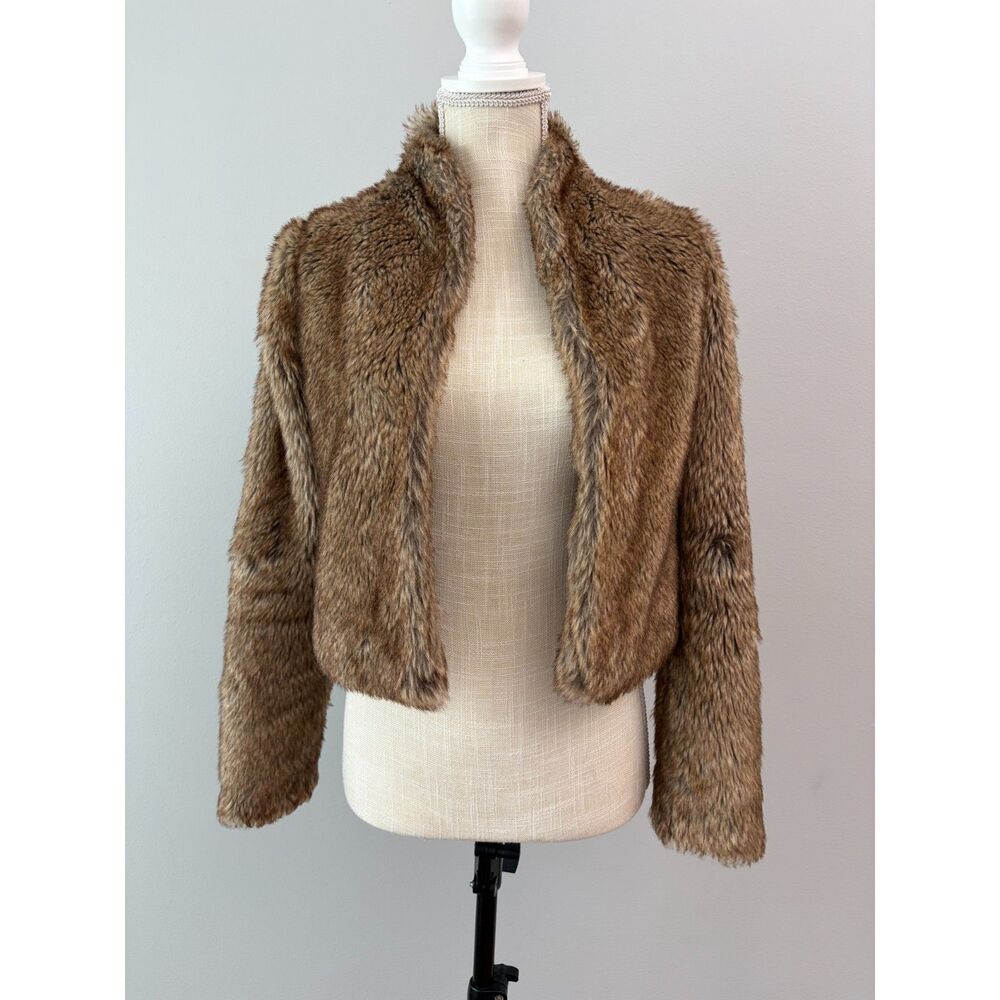 Y2K Hollister Faux Fur Cropped Jacket Coat Brown Shaggy Open Front XS Mob Wife
